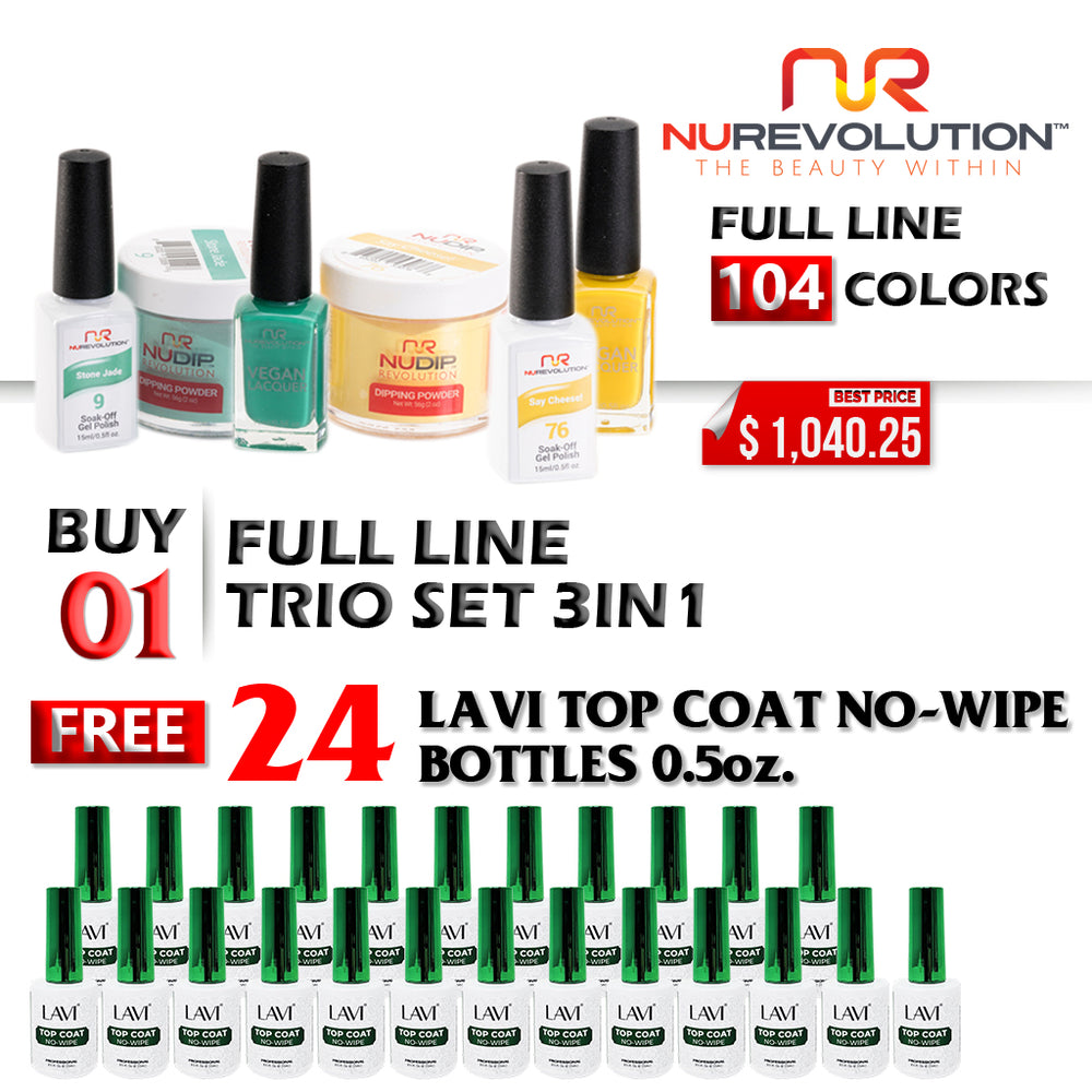 NuRevolution 3in1 Dipping Powder + Gel Polish + Nail Lacquer, Full Line Of 104 Colors (from 001 to 104), Buy 1 Get 24 pcs Lavi Top Coat No-Wipe 0.5oz FREE