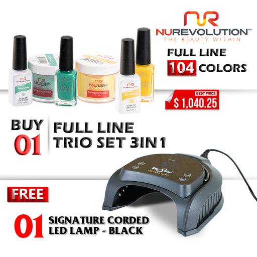 NuRevolution 3in1 Dipping Powder + Gel Polish + Nail Lacquer, Full Line Of 104 Colors (from 001 to 104), Buy 1 Get 1 pc Cre8tion Signature CORDED Professional LED/UV Lamp FREE