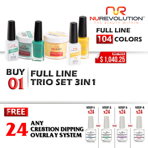 NuRevolution 3in1 Dipping Powder + Gel Polish + Nail Lacquer, Full Line Of 104 Colors (from 001 to 104), Buy 1 Get 24 pcs Cre8tion Dipping Overlay System 0.5oz (ANY Kind) FREE