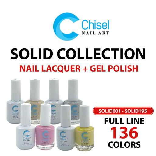 Chisel Nail Lacquer And Gel Polish, Solid Collection, Full line 136 colors (From SOLID001 to SOLID195), 0.5oz