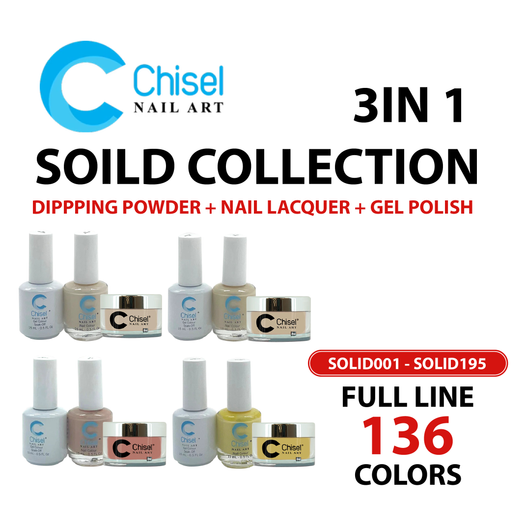 Chisel 3in1 Dipping Powder + Gel Polish + Nail Lacquer, Solid Collection, Full line of 136 colors (From SOLID001 to SOLID195)