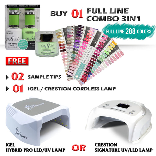 Cre8tion 3in1 Dipping Powder + Gel Polish + Nail Lacquer, Full Line Of 288 Colors (From 001 To 288), Buy 01 Full Line Get 01 Cre8tion Cordless LED/UV LAMP or 01 iGel  Hybrid Pro Cordless UV/LED Lamp FREE