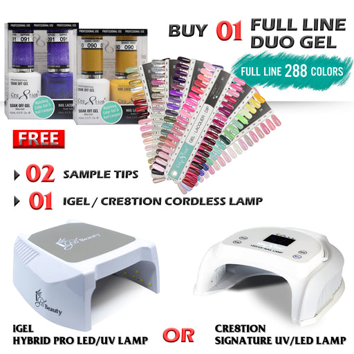 Cre8tion Gel Polish + Nail Lacquer, Full Line Of 288 Colors (From 001 To 288), Buy 01 Full Line Get 01 Cre8tion Cordless LED/UV LAMP or 01 iGel  Hybrid Pro Cordless UV/LED Lamp FREE
