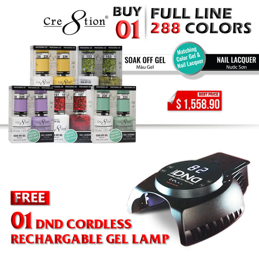 Cre8tion Gel Polish + Nail Lacquer, 0.5oz, Full line of 288 Colors (from 001 to 288), Buy 1 Get 1 DND LED/UV CORDLESS Rechargable Gel Lamp FREE
