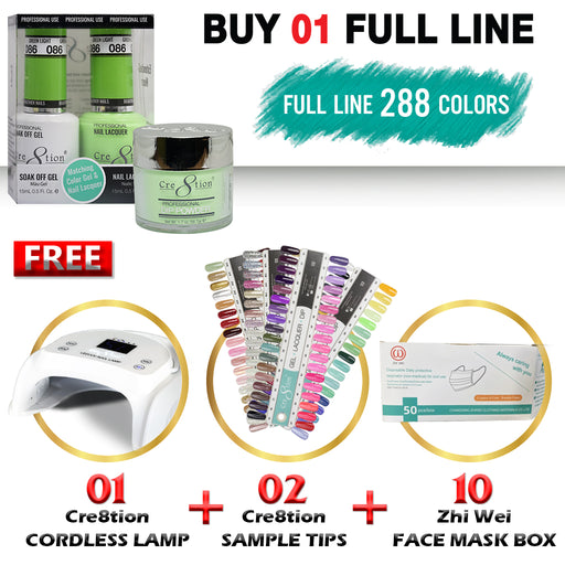 Cre8tion 3in1 Dipping Powder + Gel Polish + Nail Lacquer, Buy 01 Full Line (288 Colors) Get 01 Cre8tion Cordless LED/UV Lamp, 2 Sample Tips & 10 Zhi Wei Face Mask Box FREE