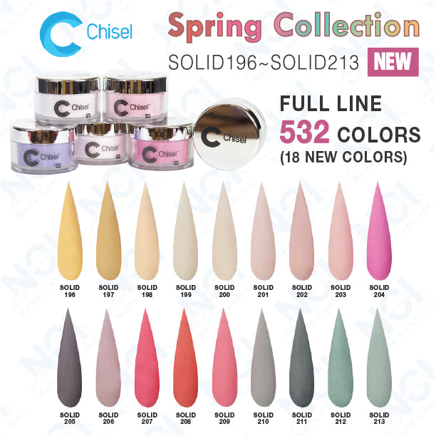 Chisel 2in1 Acrylic/Dipping Powder, (Spring) Solid Collection, 2oz, Full Line Of 18 Colors ( From SOLID196 To SOLID213 ) OK0831VD