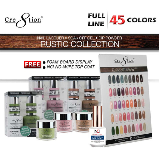 Cre8tion 3in1 Dipping Powder + Gel Polish + Nail Lacquer, Rustic Collection, Full line of 45 colors (from RC01 to RC45) KK1206