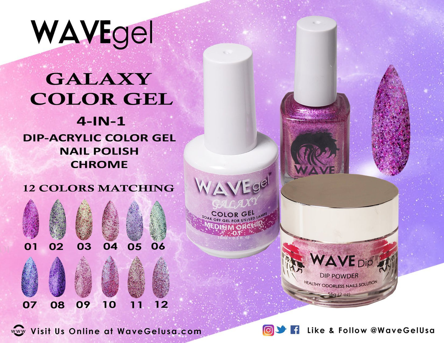 Wave Gel Dipping Powder + Gel Polish + Nail Lacquer, Galaxy Collection, Color list in the note