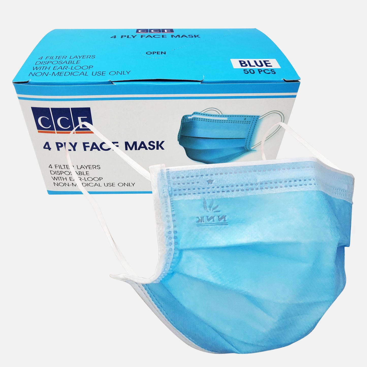 CCE Disposable 4 Ply Face Mask, Blue, BOX, 50pcs/box (Packing: 50 boxes/case)