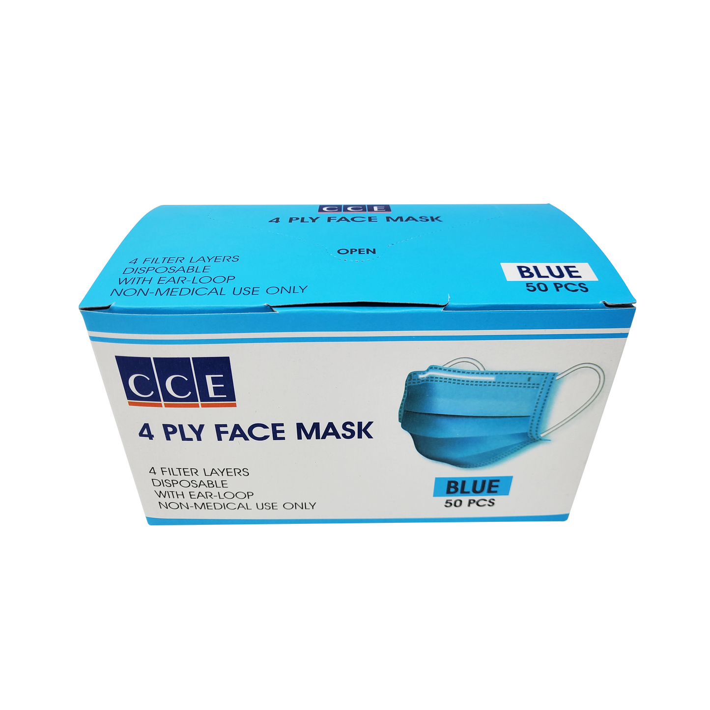 CCE Disposable 4 Ply Face Mask, Blue, BOX, 50pcs/box (Packing: 50 boxes/case)