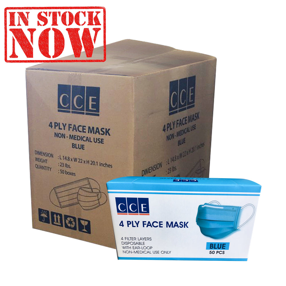 CCE Disposable 4 Ply Face Mask, Blue, CASE, 50 boxes/case OK0715VD