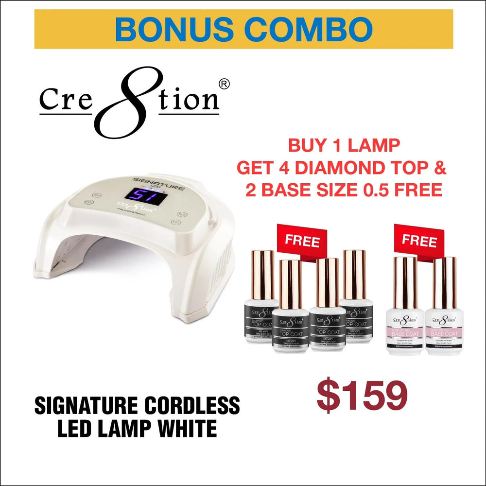 Cre8tion CORDLESS Rechargable Signature LED/UV Lamp, WHITE, Buy 1 Get 4 Cre8tion Diamond Top Coat 0.5oz + 2 Base Coat 0.5oz FREE
