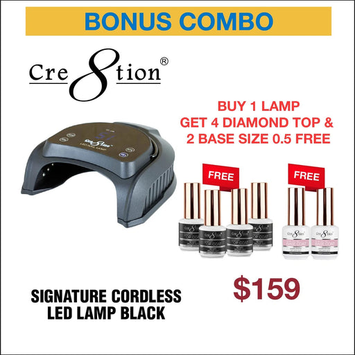 Cre8tion CORDLESS Rechargable Signature LED/UV Lamp, BLACK, Buy 1 Get 4 Cre8tion Diamond Top Coat 0.5oz + 2 Base Coat 0.5oz FREE