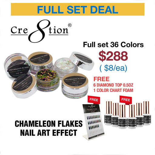 Cre8tion Chameleon Flakes Nail Art Effect, Buy 1 Full Line 36 Colors Free 8 Cre8tion Diamond Top Coat 0.5oz + Color Chart Foam FREE