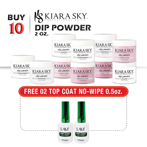 Kiara Sky Dipping Powder 2oz, Buy 10 Get 2 Lavi Top Coat No-Wipe 0.5oz FREE
