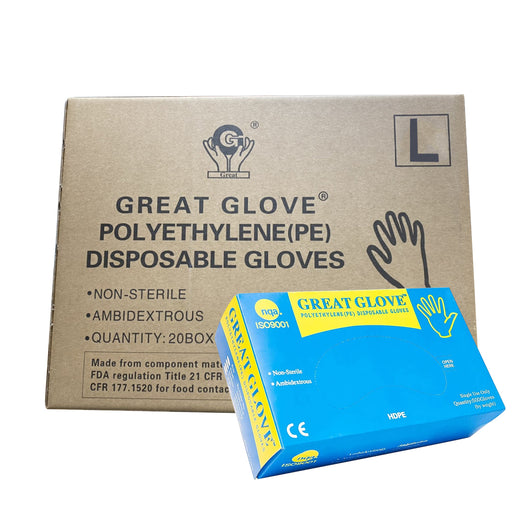 Great Gloves Polyethylene Disposable Gloves, Size L, CASE, 500pcs/box, 20boxes/case, HPDE500-L OK0525VD