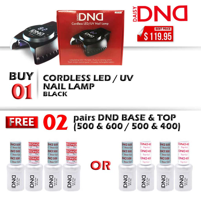 DND LED/UV CORDLESS Rechargable Gel Lamp, Buy 1 Get 2 pairs DND Base & Top (500 & 600 OR 500 & 400) FREE