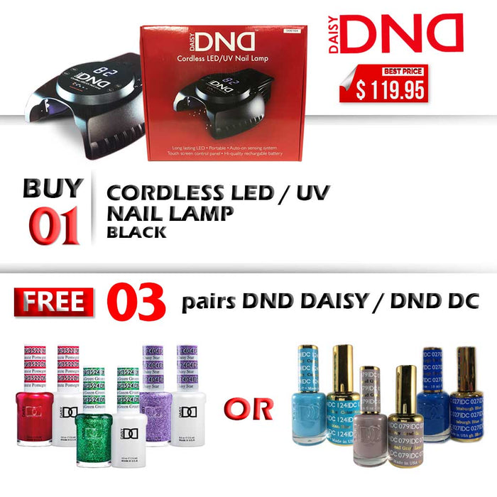 DND LED/UV CORDLESS Rechargable Gel Lamp, Buy 1 Get 3 pairs DND Duo Gel OR 3 pairs DC Duo Gel FREE