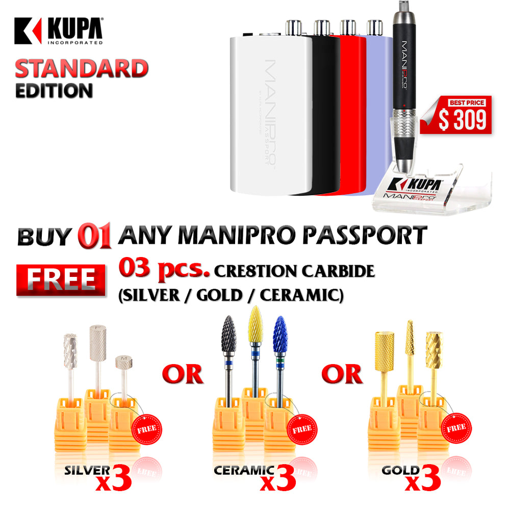 ManiPro Passport (Filing Machine) Standard Edition, Buy 1 ManiPro ( Any Colors : Red, Purple, White, Phantom ) Get 3 Cre8tion Carbide Bits (Any Kind : Gold, Silver, Ceramic) FREE