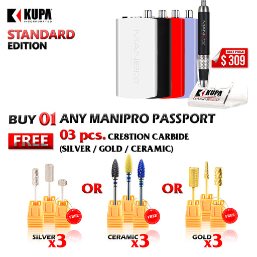 ManiPro Passport (Filing Machine) Standard Edition, Buy 1 ManiPro ( Any Colors : Red, Purple, White, Phantom ) Get 3 Cre8tion Carbide Bits (Any Kind : Gold, Silver, Ceramic) FREE