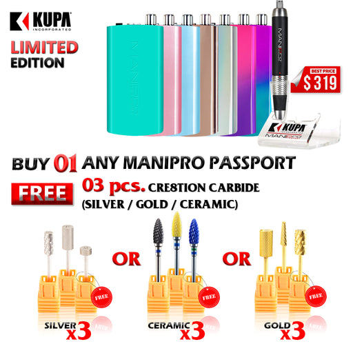 ManiPro Passport (Filing Machine) Limited Edition, Buy 1 ManiPro ( Any Colors : Teal, Baby Blue, Baby Pink, 24k Gold, Unicorn, Pixie, Mermaid ) Get 3 Cre8tion Carbide Bits (Any Kind : Gold, Silver, Ceramic) FREE