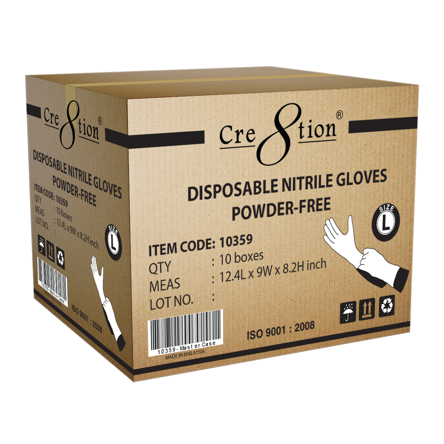 Cre8tion Disposable NITRILE Gloves (Made in Malaysia), Size L, 10359 (Packing: 100 pcs/box, 10 boxes/case)