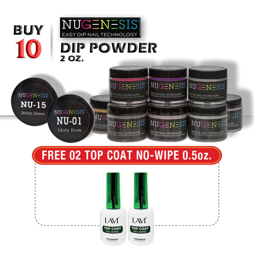 Nugenesis Dipping Powder 2oz, Buy 10 FREE 2 Lavi Top Coat No-Wipe 0.5oz