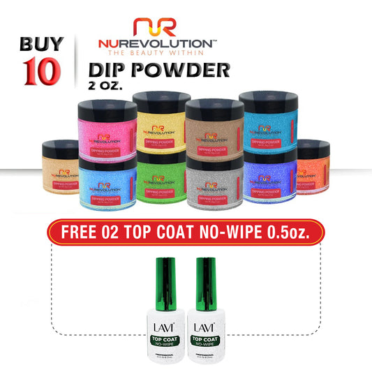 NuRevolution Dipping Powder, Chrome / Glitter Collection, 2oz, Buy 10 Get 2 Lavi Top Coat No-Wipe 0.5oz FREE