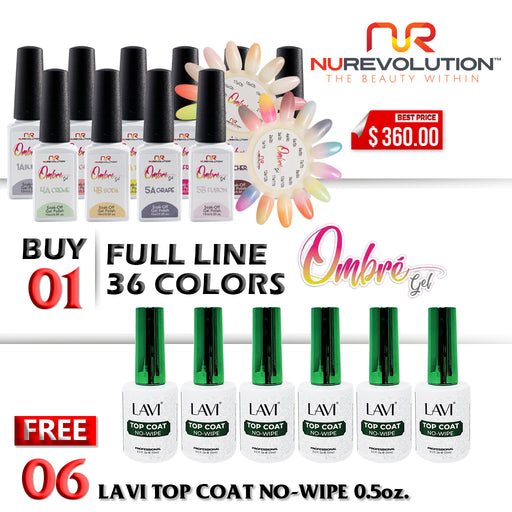 Nurevolution Ombre Gel Collection, Full Line Of 36 Colors, Buy 1 Get 6 Lavi Top Coat No-Wipe 0.5oz FREE