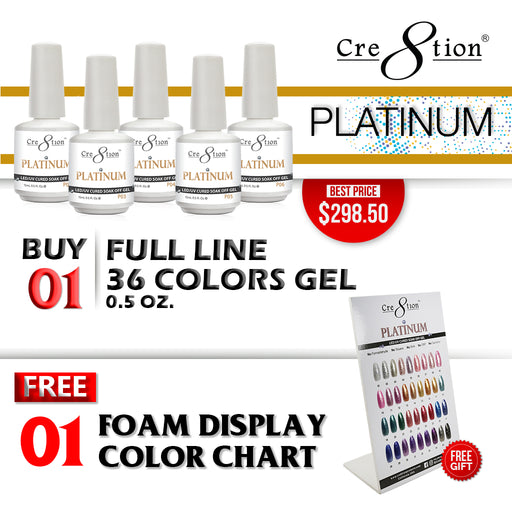 Cre8tion Platinum Gel Polish, Full Line of 36 colors (from P01 to P36) Buy 1 Get 1 Counter Foam Display FREE