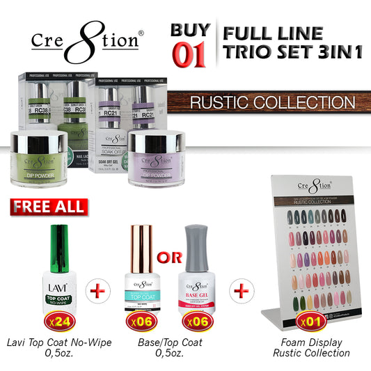 Cre8tion 3in1 Dipping Powder + Gel Polish + Nail Lacquer, Rustic Collection, Full line of 45 colors, Buy 1 Get 24 pcs Lavi Top Coat No-Wipe 0.5oz & 6 pcs Cre8tion Base/Top Coat 0.5oz FREE