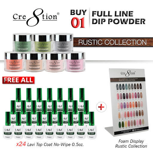 Cre8tion Dipping Powder, Rustic Collection, 1.7oz, Full line of 45 colors, Buy 1 Get 24pcs Lavi Top Coat No-Wipe 0.5oz FREE