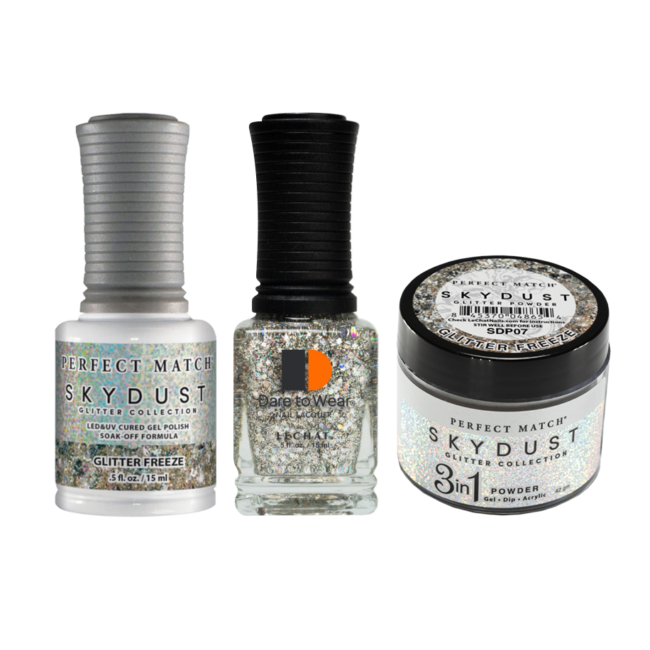 LeChat Perfect Match 3in1 Dipping Powder + Gel Polish + Nail Lacquer, SKY DUST Collection, SD07, Glitter Freeze