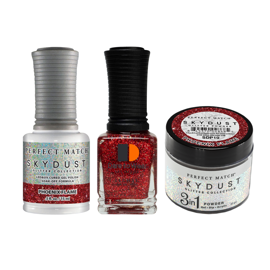 LeChat Perfect Match 3in1 Dipping Powder + Gel Polish + Nail Lacquer, SKY DUST Collection, SD10, Phoenix Flame