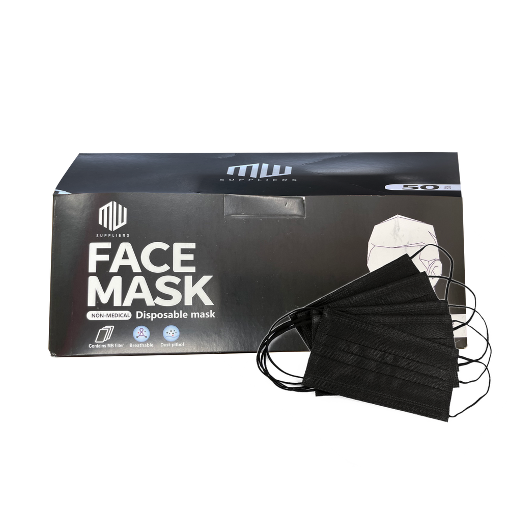 MW Disposable 3 PLY Face Mask (Made In China), BLACK (Pk: 50 pcs/box, 40 boxes/case)