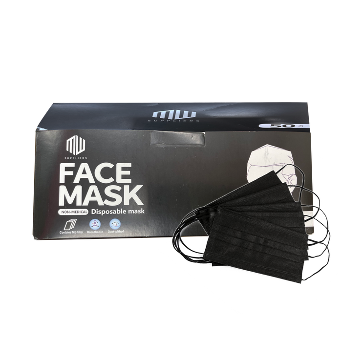 MW Disposable 3 PLY Face Mask (Made In China), BLACK, CASE (Pk: 50 pcs/box, 40 boxes/case)