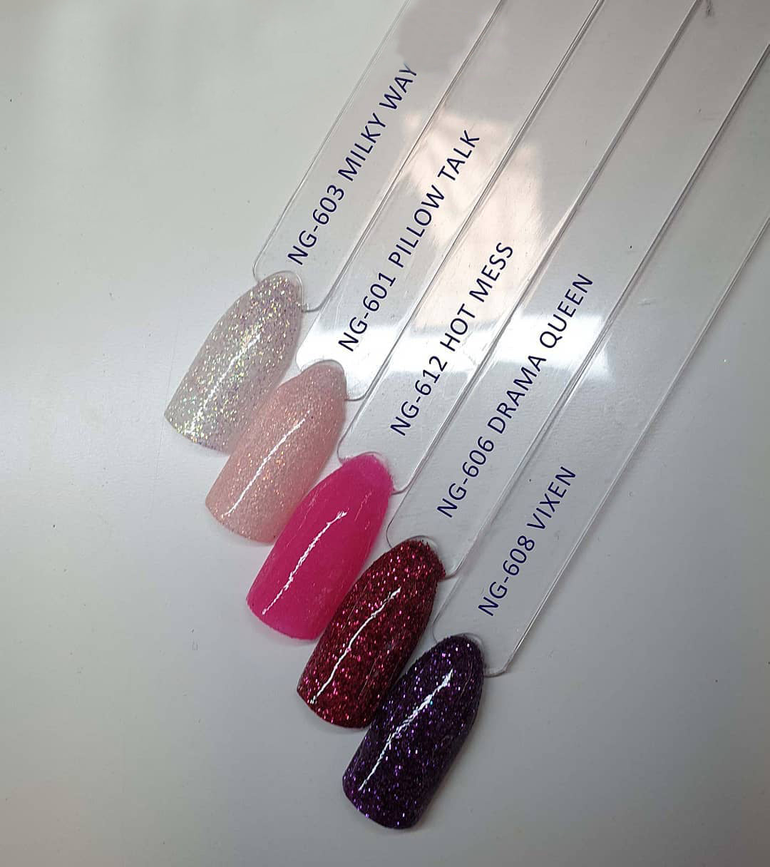 Nugenesis Dipping Powder Tips Sample, Glitz Collection (From NG 601 TO NG 612)