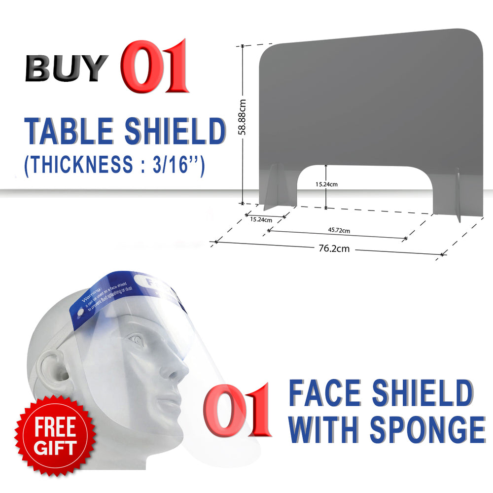 Table Sneeze Guard Clear Safety Shield, 30''W x 22''H, Thickness 3/16'', Buy 01pc Get 01pc Face Shield with Sponge FREE