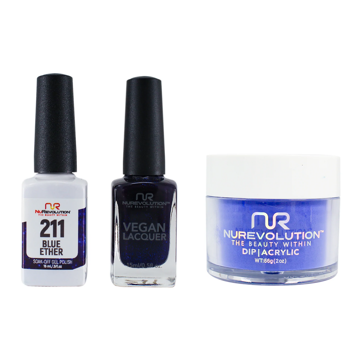 NuRevolution 3in1 Dipping Powder + Gel Polish + Nail Lacquer, 211, Blue Ether