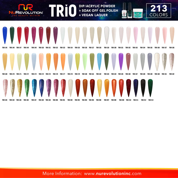 NuRevolution 3in1 Dipping Powder + Gel Polish + Nail Lacquer, Full Line Of 213 Colors (from 001 to 213)