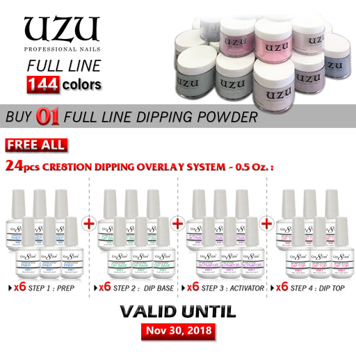Uzu Dipping Powder, 2oz, Full Line of 144 colors (from A 001 to A 144), Buy 1 G001 to Cet 6 pcs each C8tion Dipping Overrelay System 0.5oz (4 kinds: Prep, Base, Activor, Top; total 24 pcs) FREE, Validity: End of Nov., 2018