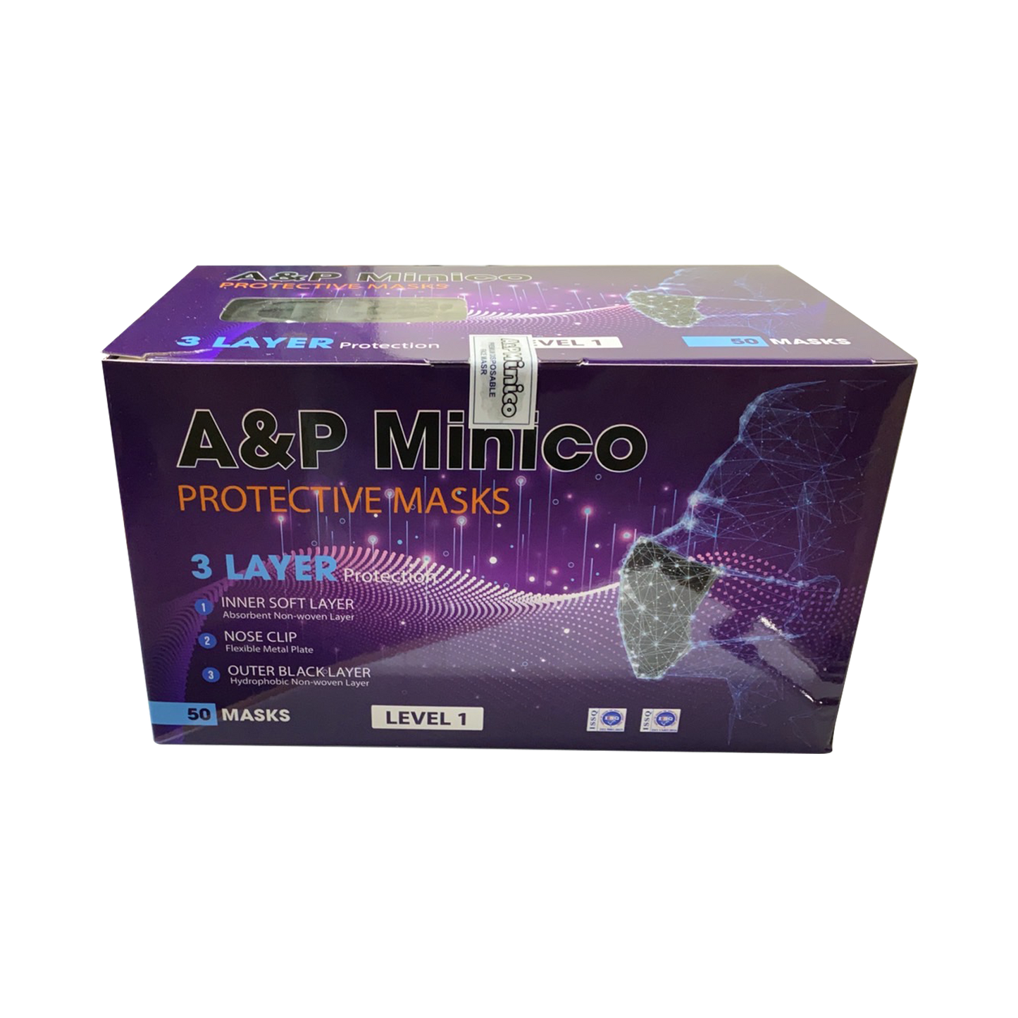 A&P Minico 3 PLY Face Mask BOX (Made In VIETNAM), BLACK (Pk: 50 pcs/box, 50 boxes/case)