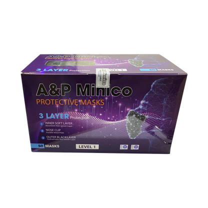 A&P Minico 3 PLY Face Mask BOX (Made In VIETNAM), BLACK (Pk: 50 pcs/box, 50 boxes/case)