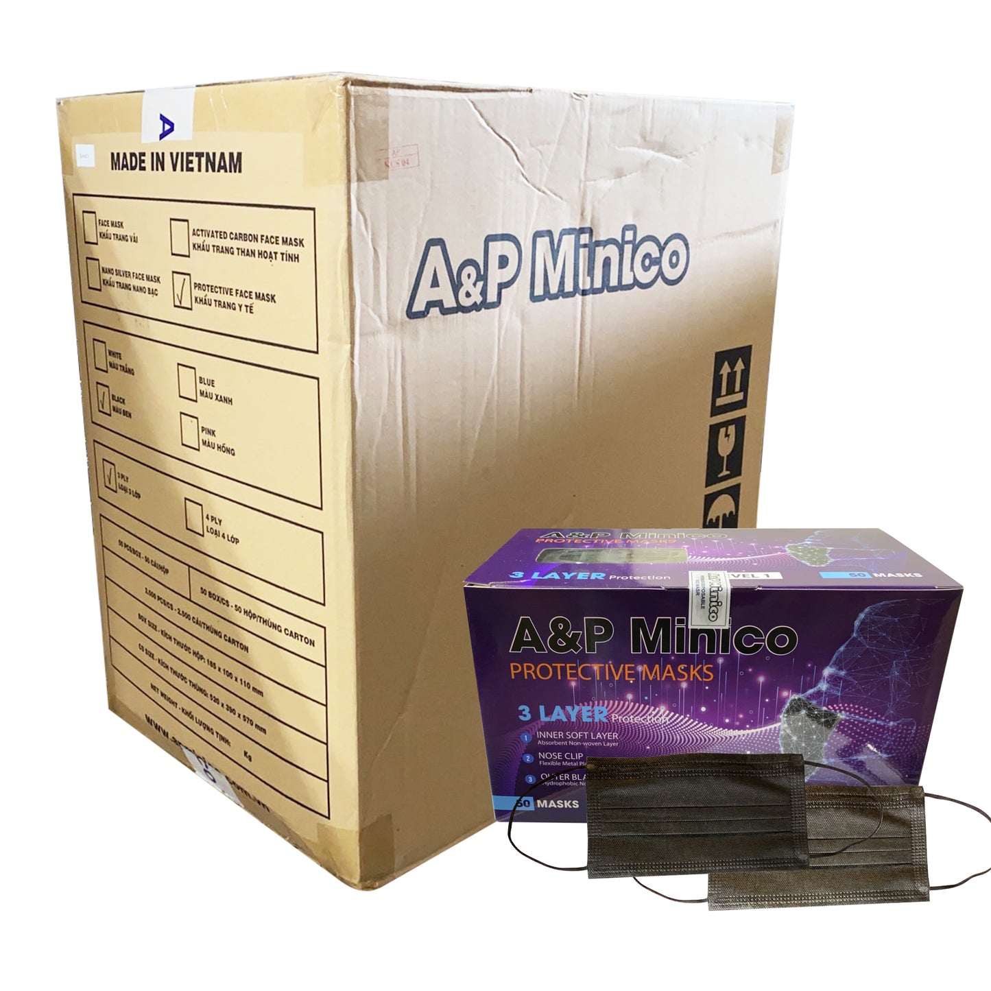 A&P Minico 3 PLY Face Mask CASE (Made In VIETNAM), BLACK (Pk: 50 pcs/box, 50 boxes/case, 24 Cases/Pallet)