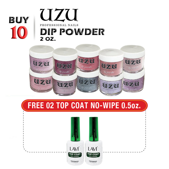 Uzu Dipping Powder (Matching DND Duo Gel), 2oz, Buy 10 Get 2 Lavi Top Coat No-Wipe 0.5oz FREE