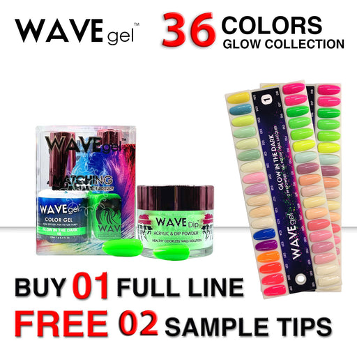 Wave Gel 3in1 Acrylic/Dipping Powder + Gel Polish + Nail Lacquer, Glow In The Dark Collection, Full Line Of 36 Colors (From 01 To 36), Buy 01 Free 02 Sample Tips