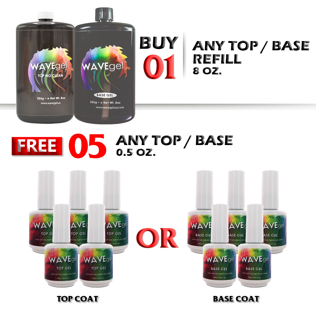 Wave Gel Base Coat Gel / Top Gel No Clean Refill, 8oz, Buy 1 Get 5pcs Base/Top 0.5oz FREE