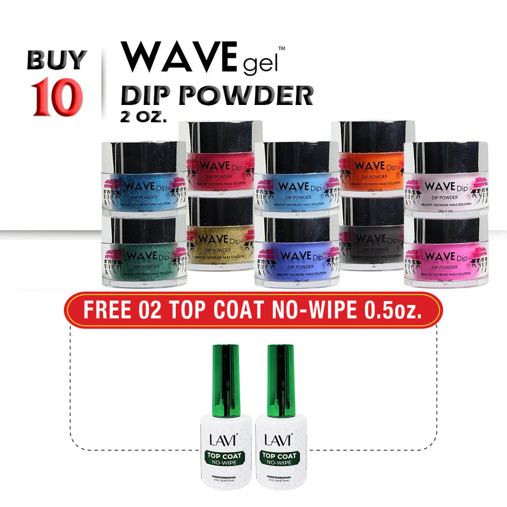 Wave Gel Dipping Powder Ombre, 2oz, Buy 10 Get 2 Lavi Top Coat No-Wipe 0.5oz FREE