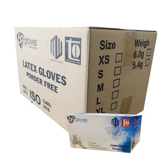 BP Latex Gloves, Powder-Free, size XL, CASE (Pk: 100 pcs/box, 10 boxes/case)