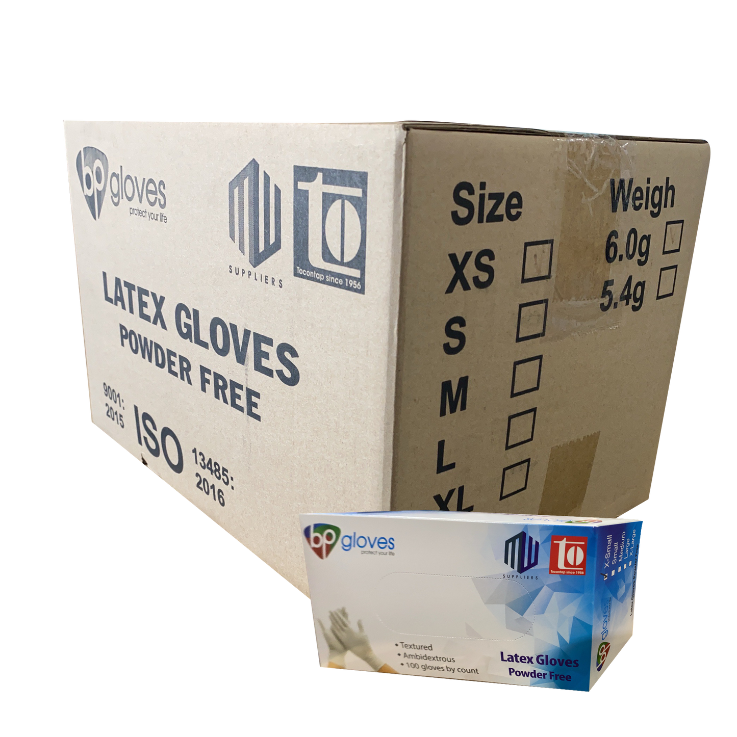 BP Latex Gloves, Powder-Free, size L, CASE (Pk: 100 pcs/box, 10 boxes/case)